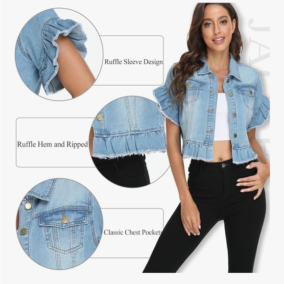 Miss Moly Women’s Denim Jacket Ruffle Sleeve Button Down Distressed Cropped NWOT - Picture 7 of 10